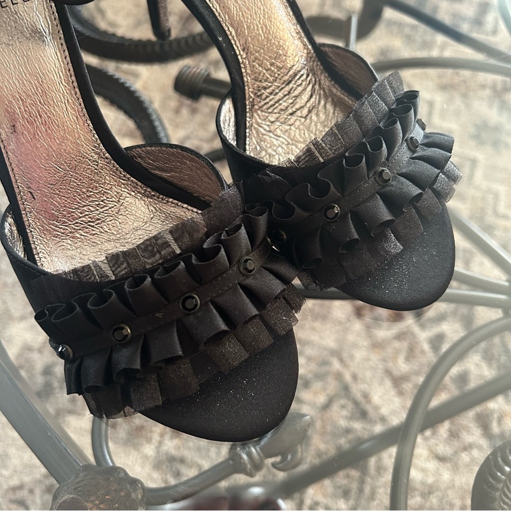Adrianna Papell Black Satin Peep-toe Ankle Strap Heels with Beaded Ruffles